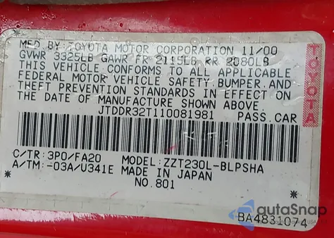 2001 Toyota Celica Gt z USA, uszkodzony, nr VIN JTDDR32T110081981